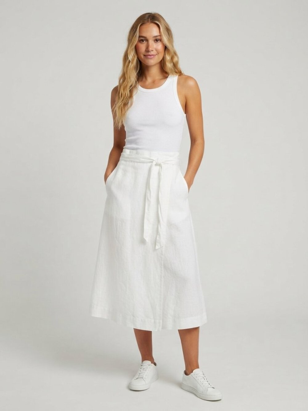 New! GAP Optic White Linen Blend Tie-Waist Wrap Midi Skirt Medium 39792